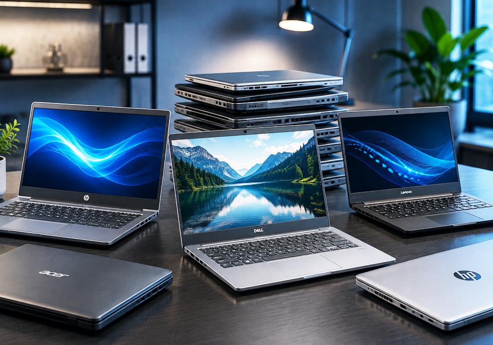 Stack of refurbished laptops on a workbench