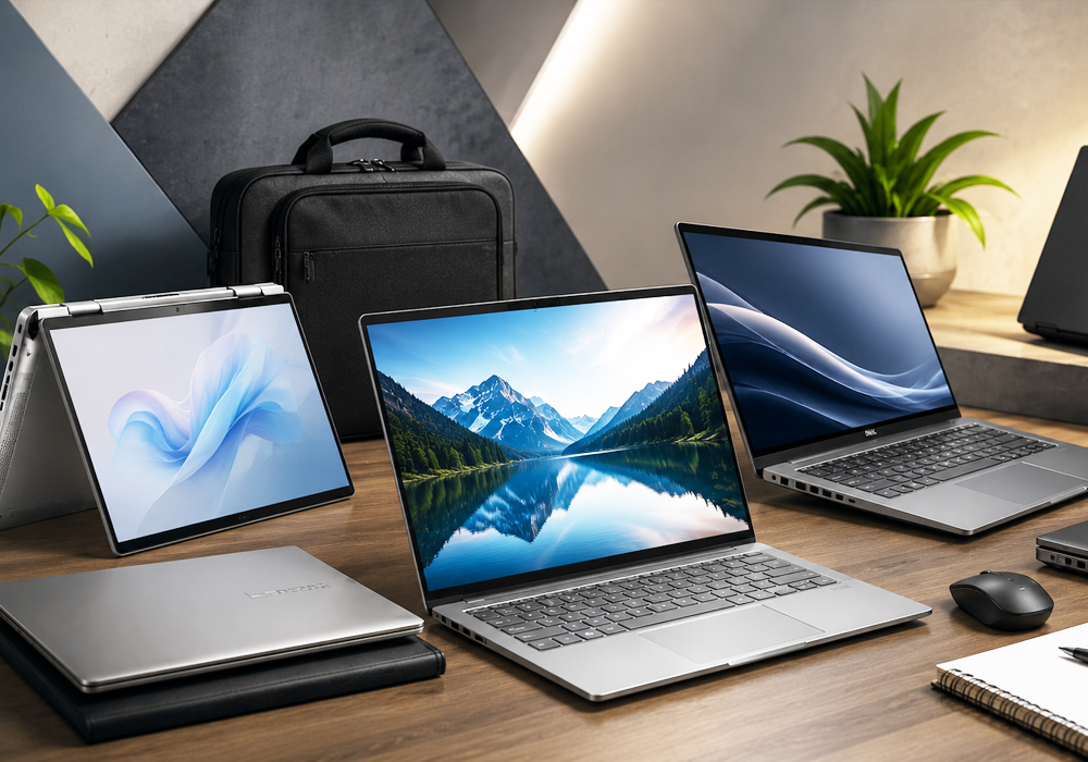 Stack of refurbished laptops on a workbench
